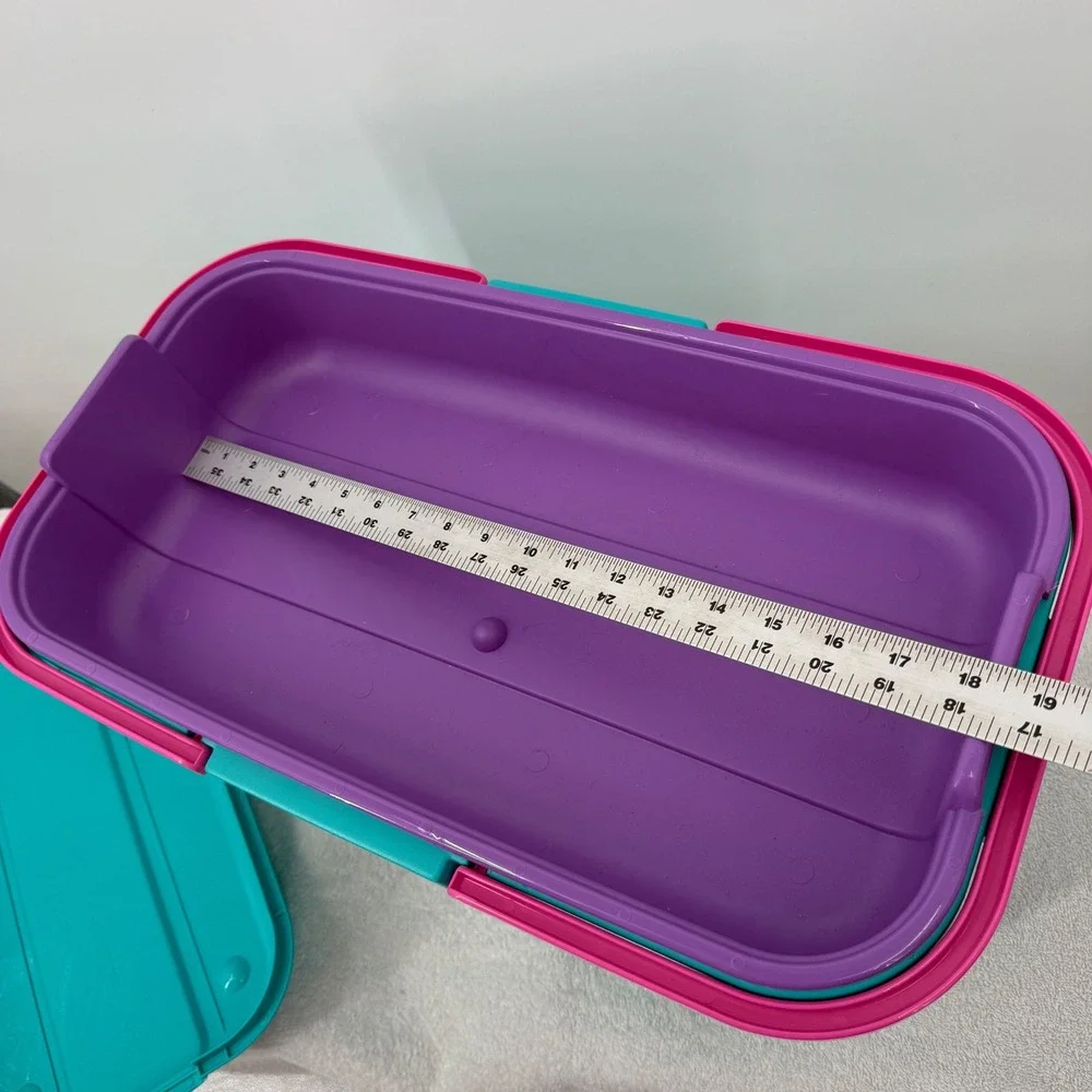 Vtg Eagle CraftStor Sewing Storage Box Teal Pink Purple 90s Retro USA Large 19